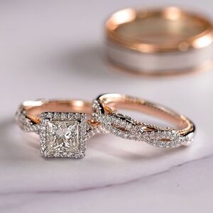 Elegant Rose Gold and Silver Color Diamond Style Ring Set